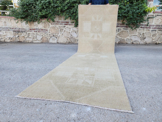 3x11 Neutral Turkish wool Runner: Hand Made Geometric Design