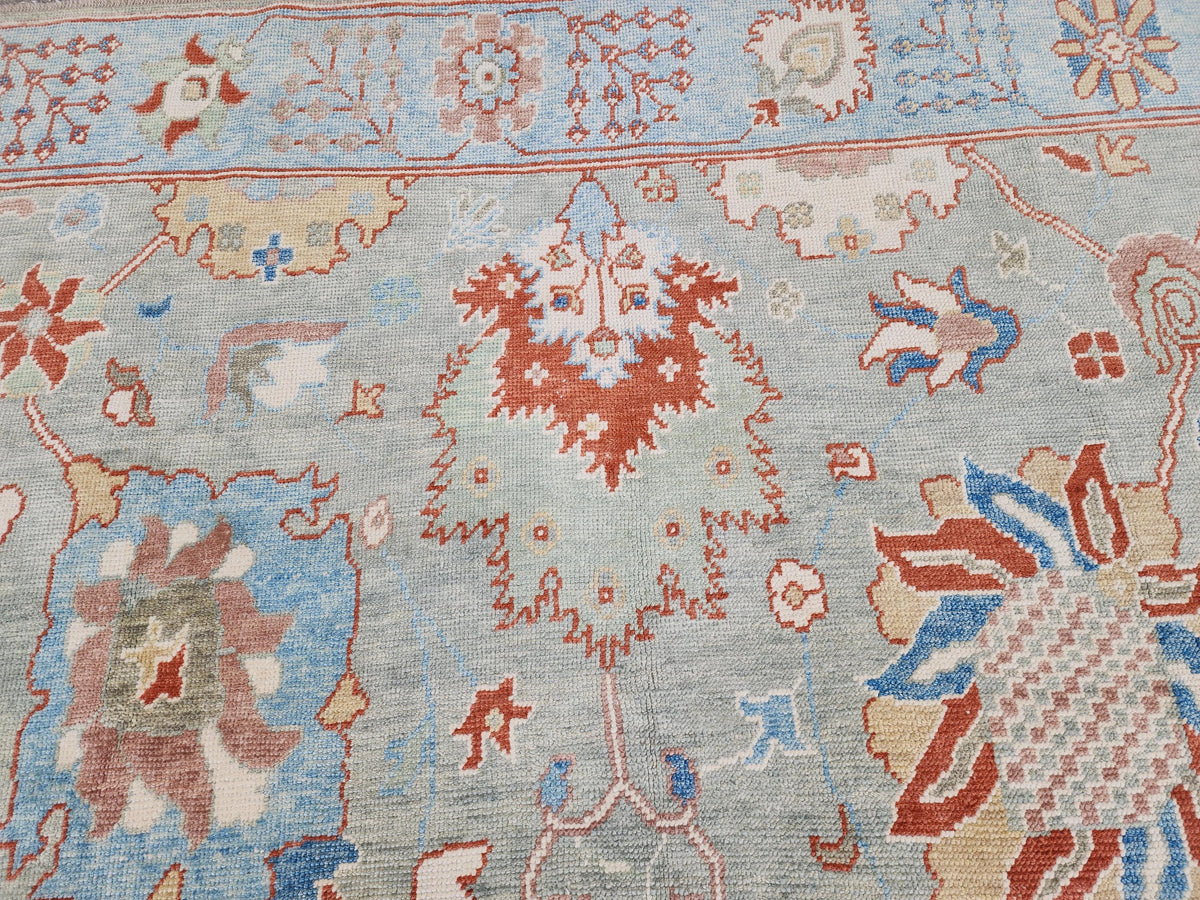 8x10 Oushak Rug, Handwoven Turkish Wool, Light Blue Terracotta Floral, Living Room Decor