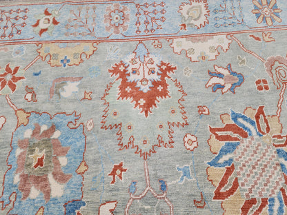 8x10 Oushak Rug, Handwoven Turkish Wool, Light Blue Terracotta Floral, Living Room Decor