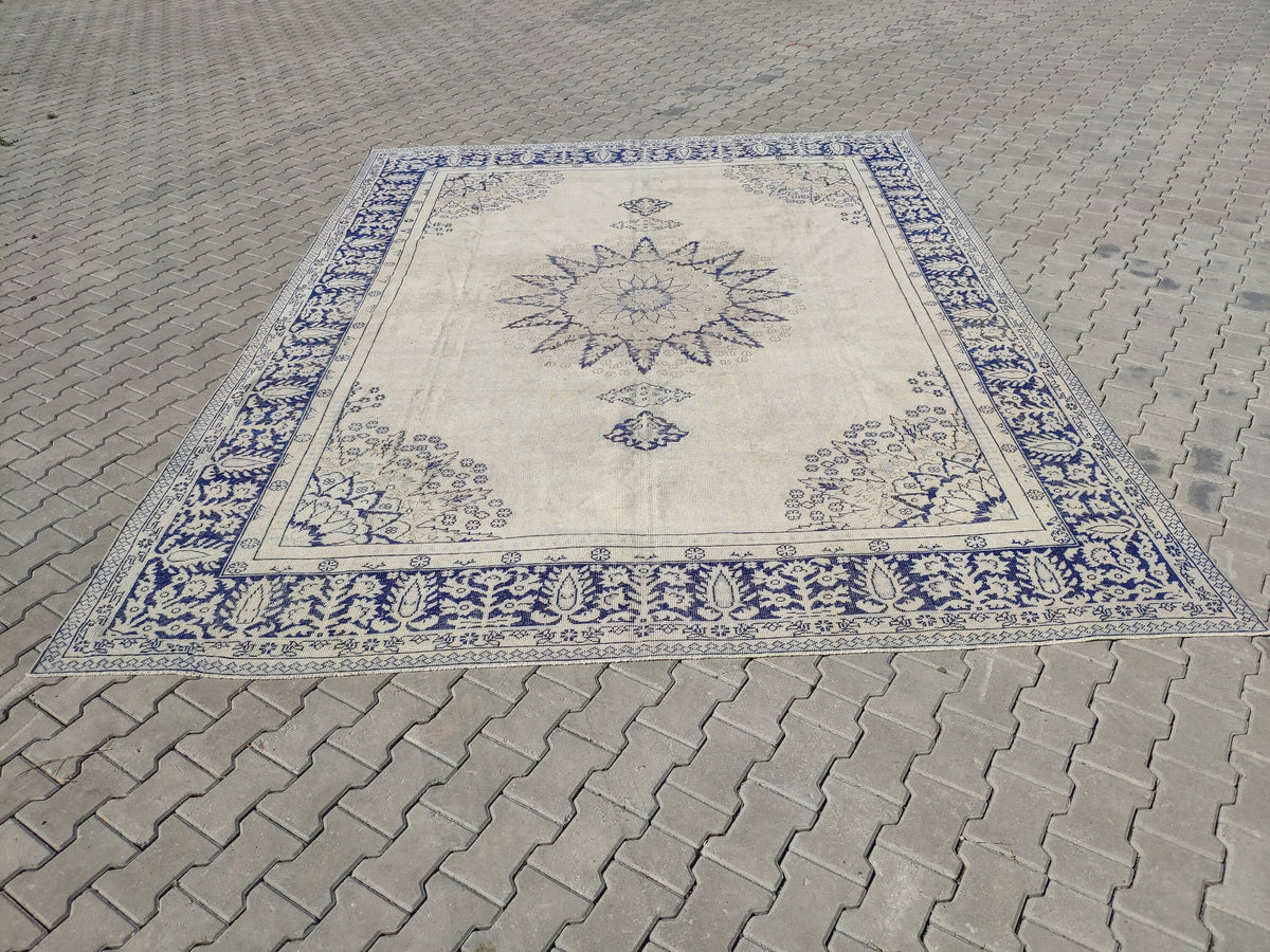 10x13 Handwoven Turkish Oushak Rug, Blue Wool Area Rug, Neutral Oversize Home Decor