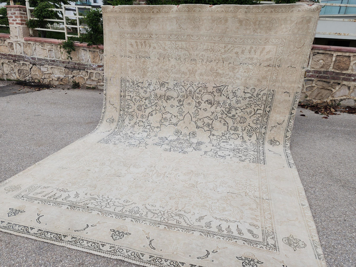 Beige Vintage Rug, 9×12, Hand-Knotted Oriental, Traditional Turkish Living Room Carpet
