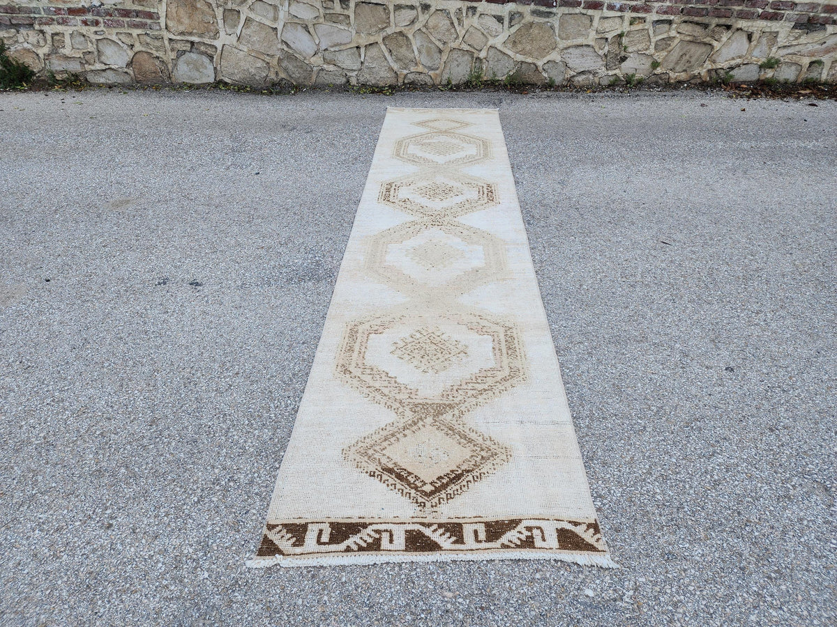 Neutral Runner Rug 3x13, Hand Knotted Rustic Boho Decor, White and Brown