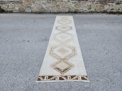 Neutral Runner Rug 3x13, Hand Knotted Rustic Boho Decor, White and Brown