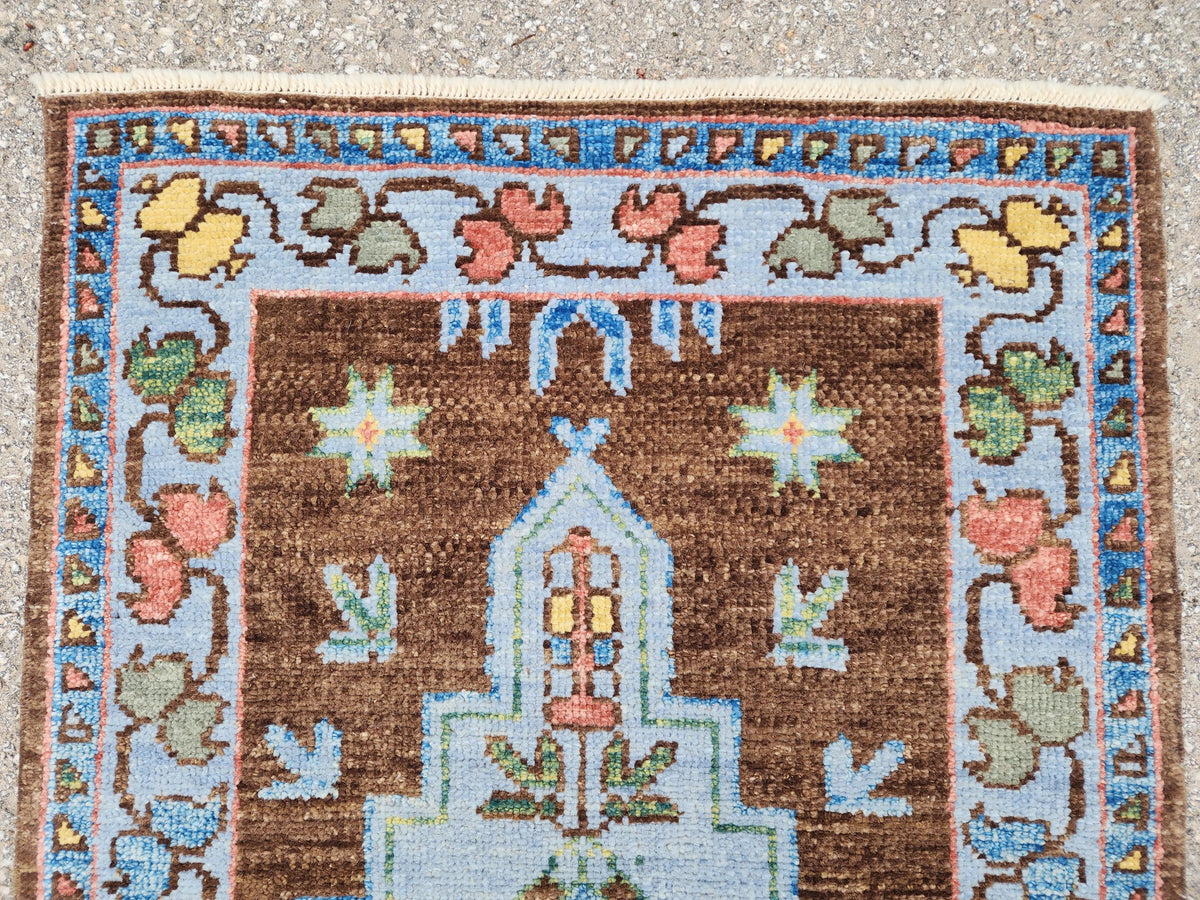 Handwoven 3x5 Oushak Rug: Turkish Wool, Brown & Blue Floral