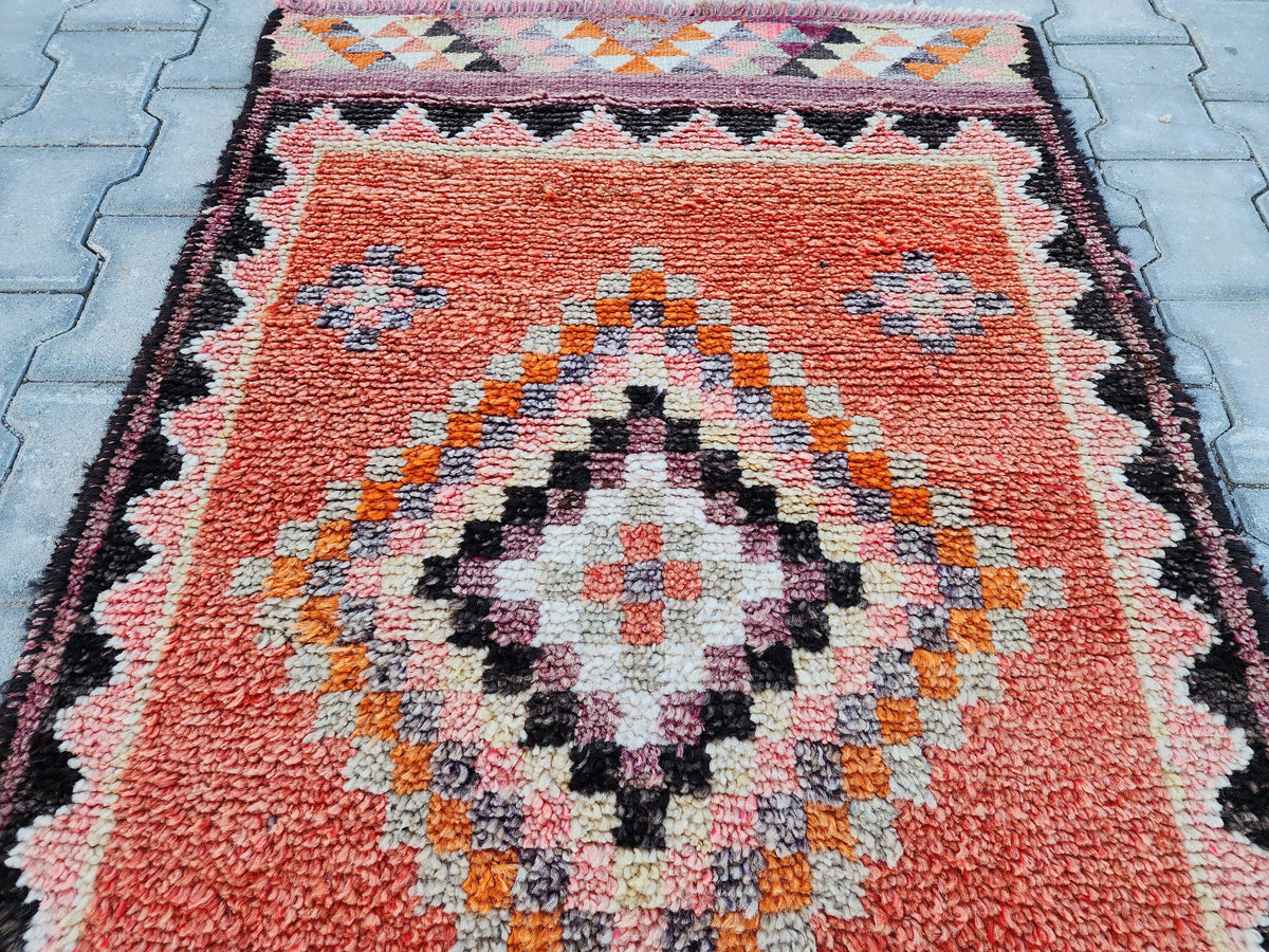 Vintage Herki Wool Runner Rug: 2.8x9 Orange Bohemian Rug