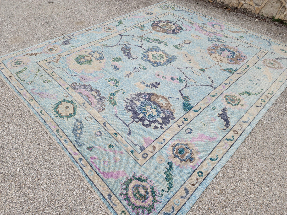 9x10 Oushak Rug: Pastel Blue Floral Up Cycled Wool Carpet, Vintage Boho Style,