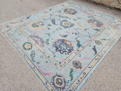 9x10 Oushak Rug: Pastel Blue Floral Up Cycled Wool Carpet, Vintage Boho Style,