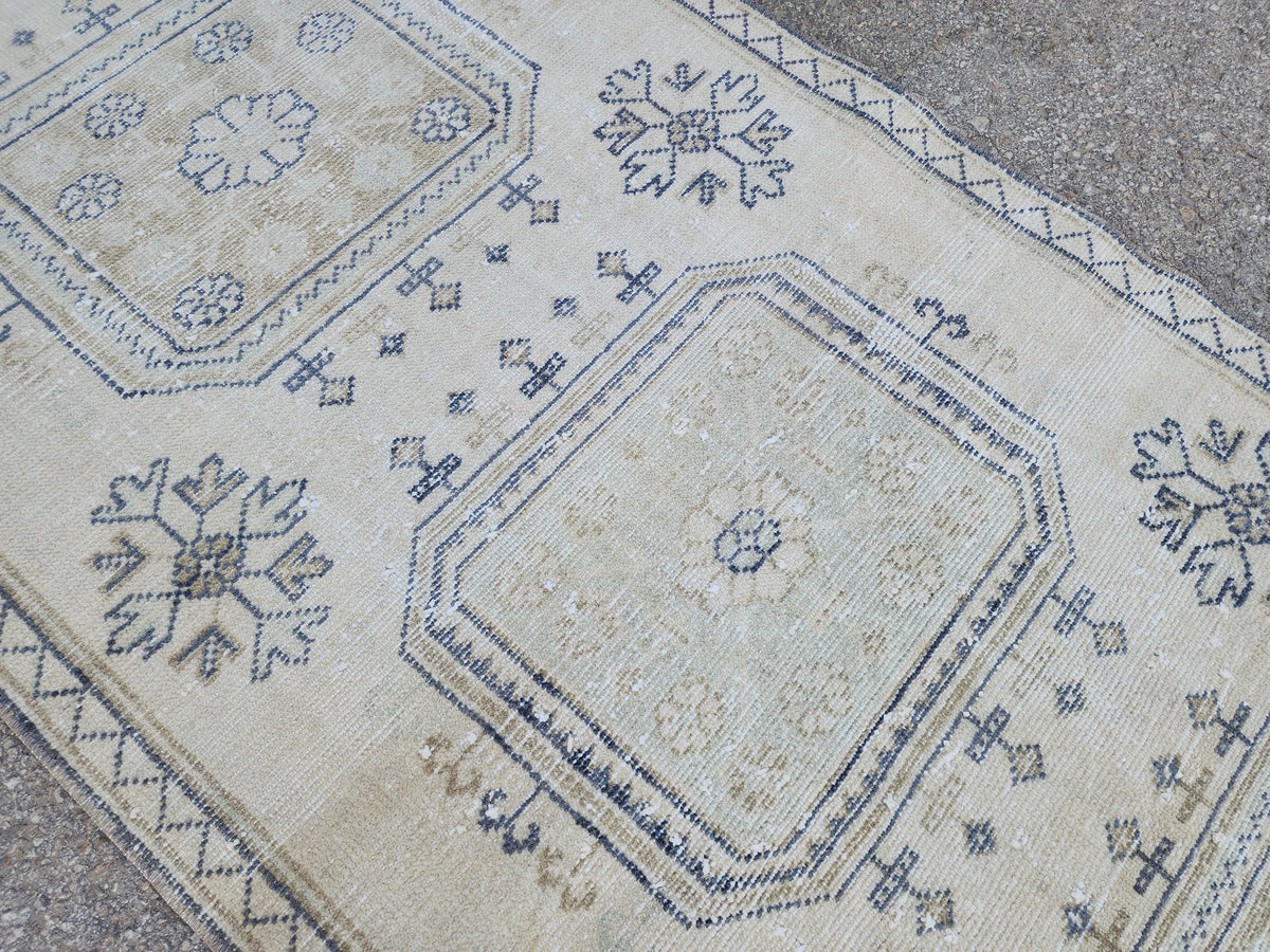 Neutral Geometric Runner Rug 3x10, Turkish Hand Made Rustic Home Decor, Beige and Blue Wool