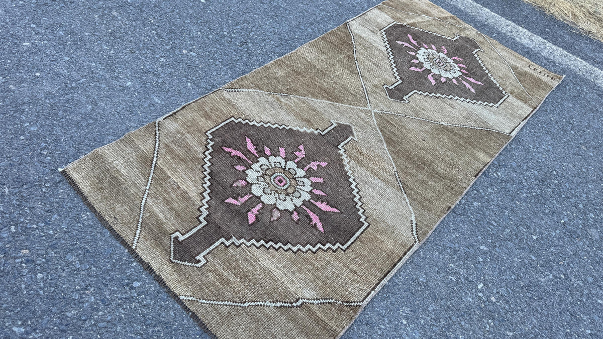 3x7 Small Kars Rug, Hand Knoted Boho Decor, Wool on Wool Brown Carpet