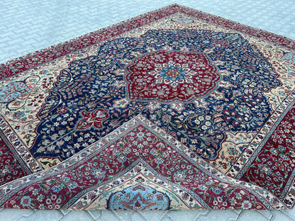 Hand Knotted Wool Rug 9x12: Vintage Oriental Navy Blue Rug