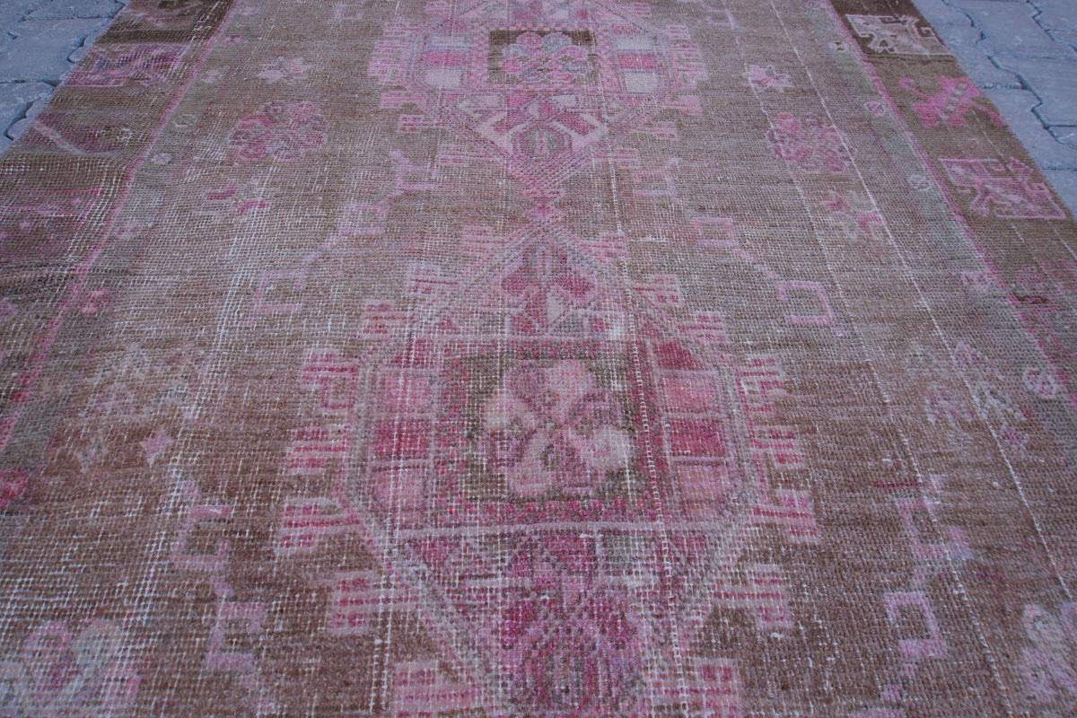 Vintage Kars Rug 4.6x10.6: Brown & Pink Hand-Knotted Turkish Wool Rug