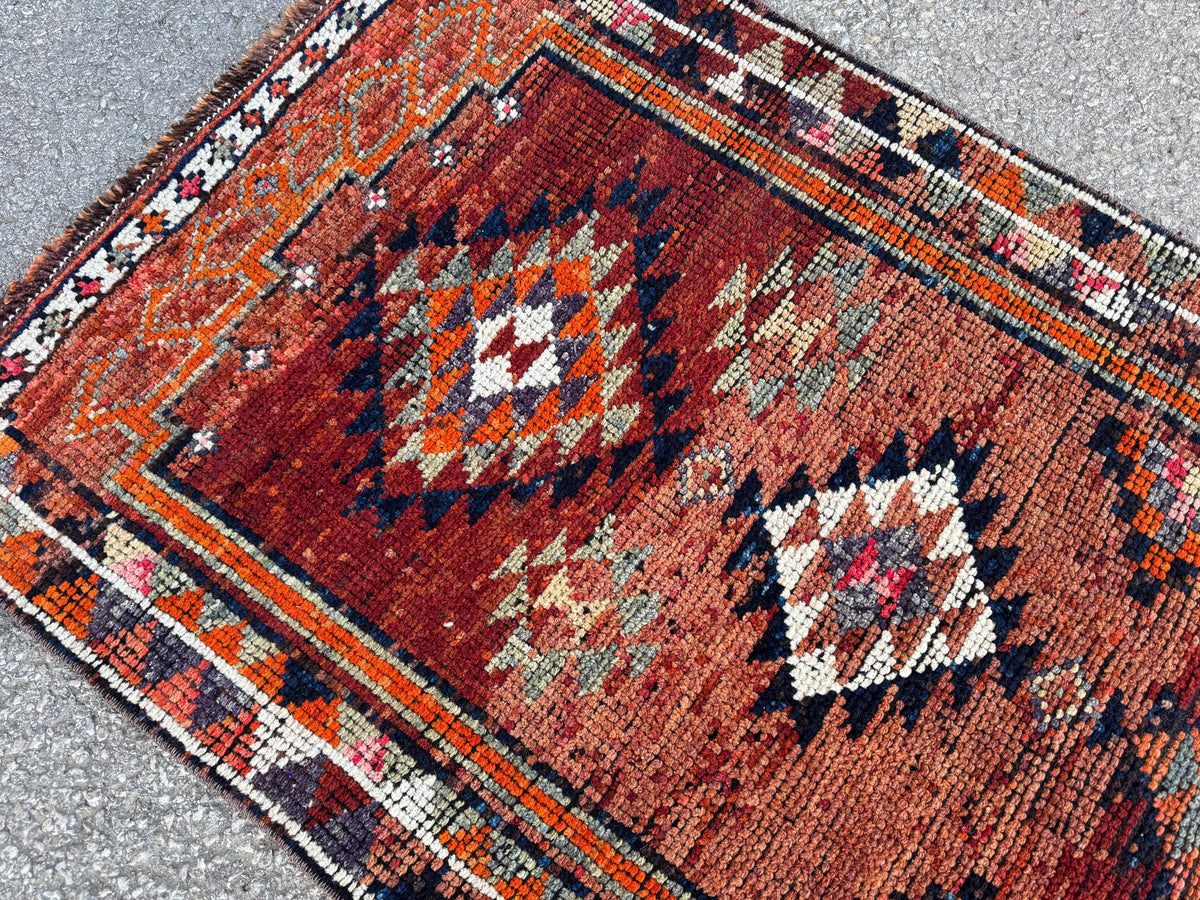 2x11 Runner Rug: Vintage Wool in Maroon and Orange with Geometric Tribal Pattern