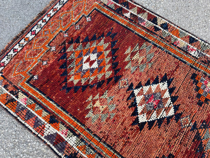 2x11 Runner Rug: Vintage Wool in Maroon and Orange with Geometric Tribal Pattern