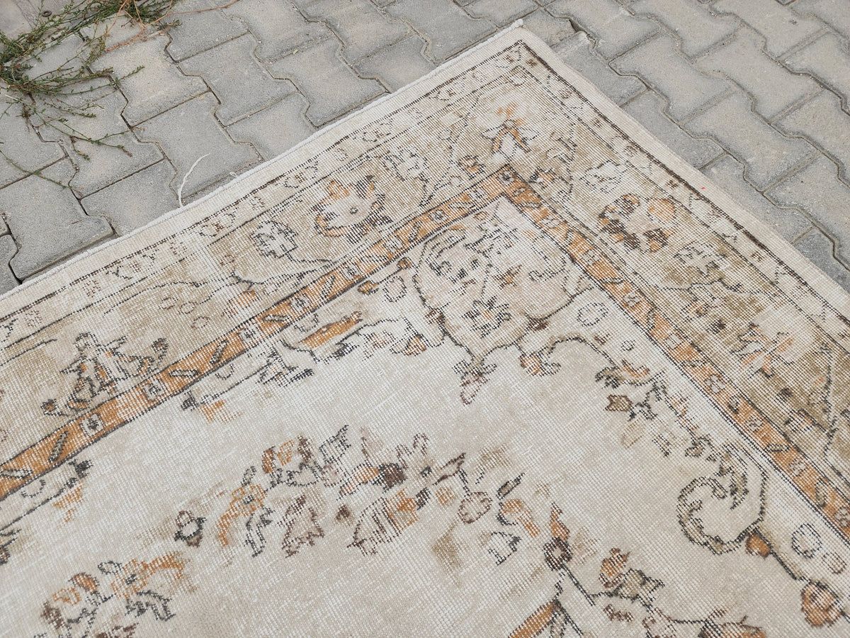 Turkish Rug 6x9, Neutral Medallion Hand Made, Living Room Area Decor