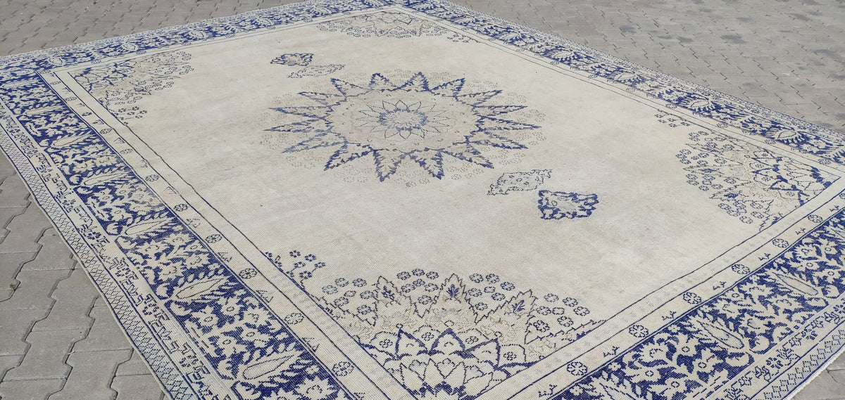 10x13 Handwoven Turkish Oushak Rug, Blue Wool Area Rug, Neutral Oversize Home Decor
