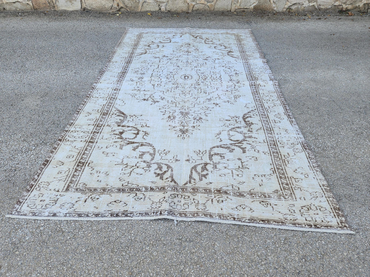 6x9 Turkish Area Rug, White and Brown Hand Knotted, Living Room Rustic Decor