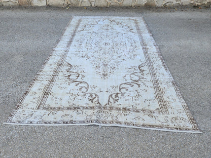 6x9 Turkish Area Rug, White and Brown Hand Knotted, Living Room Rustic Decor