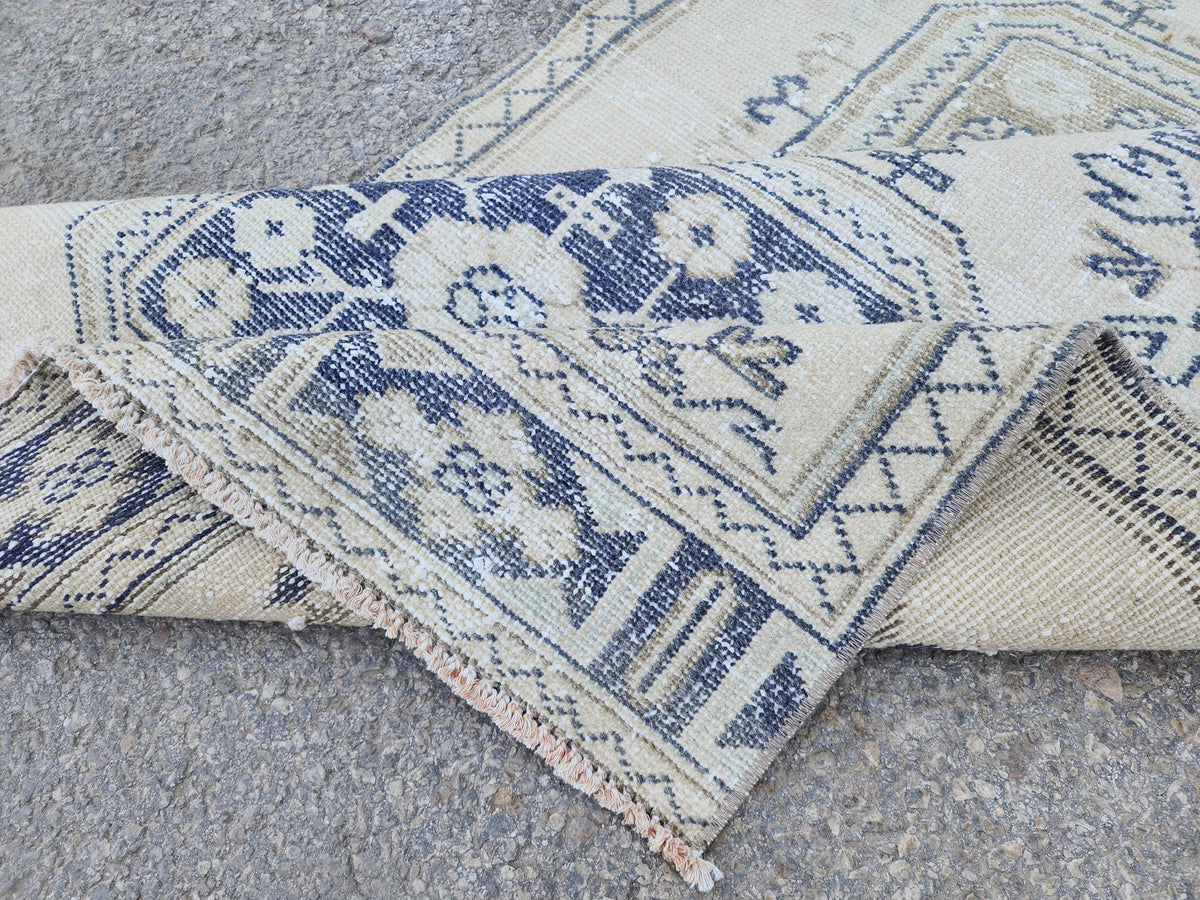 Neutral Geometric Runner Rug 3x10, Turkish Hand Made Rustic Home Decor, Beige and Blue Wool
