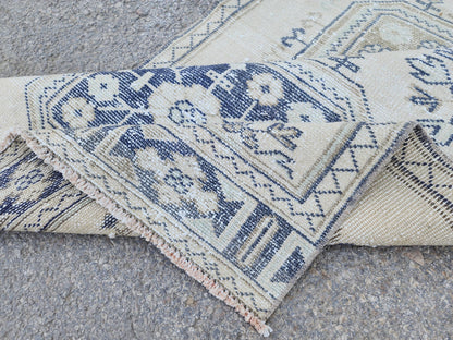 Neutral Geometric Runner Rug 3x10, Turkish Hand Made Rustic Home Decor, Beige and Blue Wool