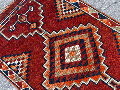 3x13 Long Herki Runner Rug: Vintage Handwoven Wool Orange and Brown Tribal Geometric Design
