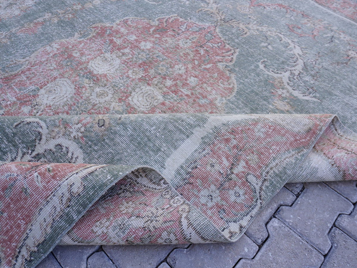 7x10 Handwoven Turkish Rug: Green Wool & Cotton Blend, Home Bohemian Decor