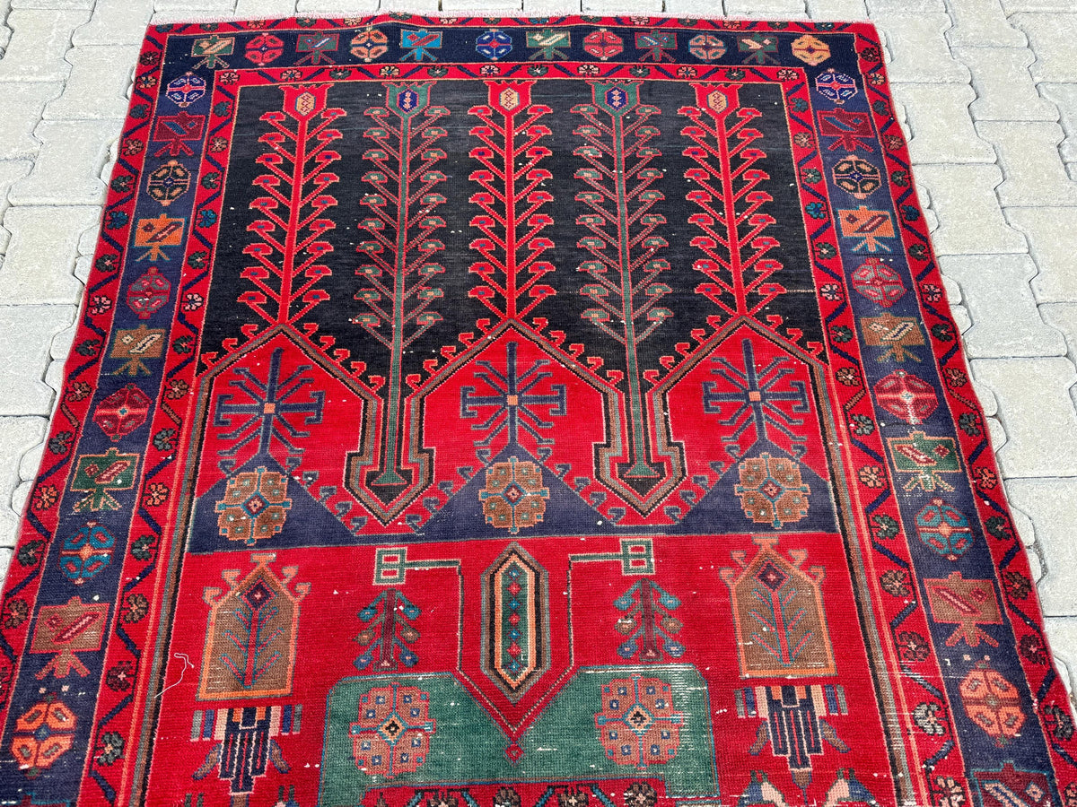 Handwoven Wool Area Rug 5x9: Red Bohemian Oriental Rug
