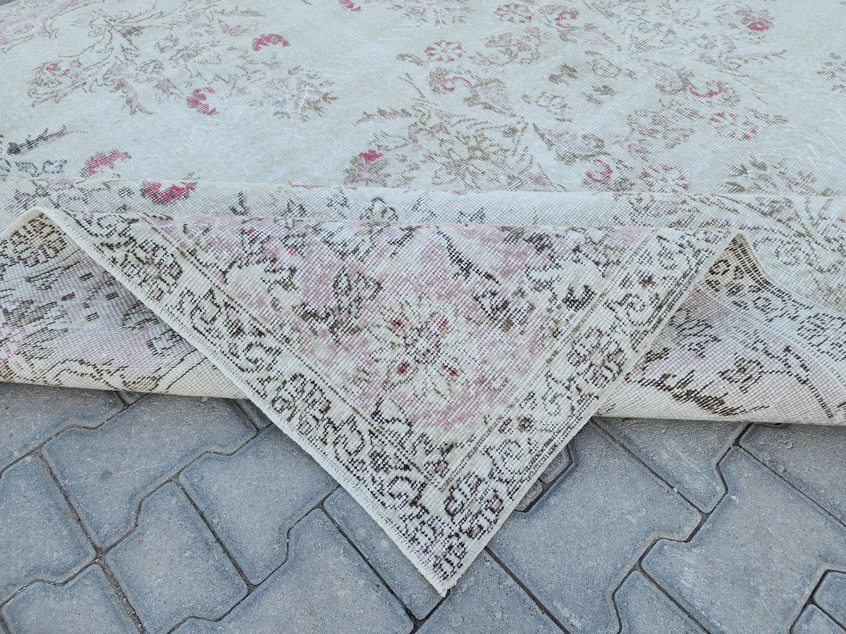7x10 Oushak Rug: Beige Traditional Patterned Wool Carpet