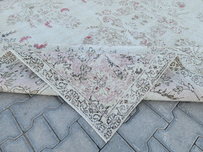 7x10 Oushak Rug: Beige Traditional Patterned Wool Carpet