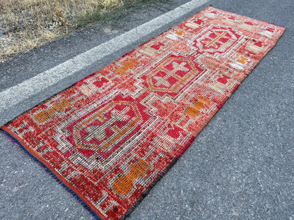 Vintage Herki Runner Rug 3x9: Handcrafted Bohemian Hallway Rug