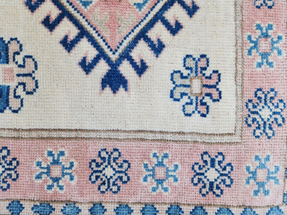 3x5 Anatolian Rug, Bohemian Turkish Hand Made Wool Carpet, Beige and Blue Color