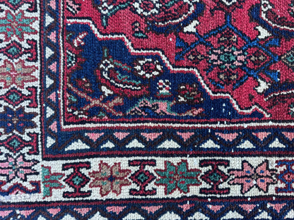 Vintage Wool Runner Rug 3x11: Oriental Hand Knotted, Navy and Faded Red