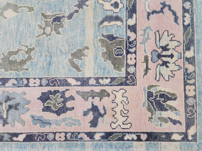 Handwoven Oushak Rug 8x10: Up Cycled Wool Carpet, Pastel Blue & Pink