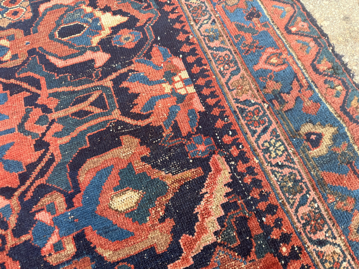 4x9 Antique Rug, 1920s Handwoven Wool Carpet, Patina Blue Collectible Tribal Rug