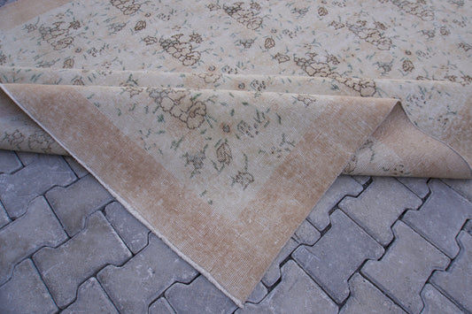 7x10 Neutral Turkish Rug, Beige Wool & Cotton Blend, Vintage Boho Decor