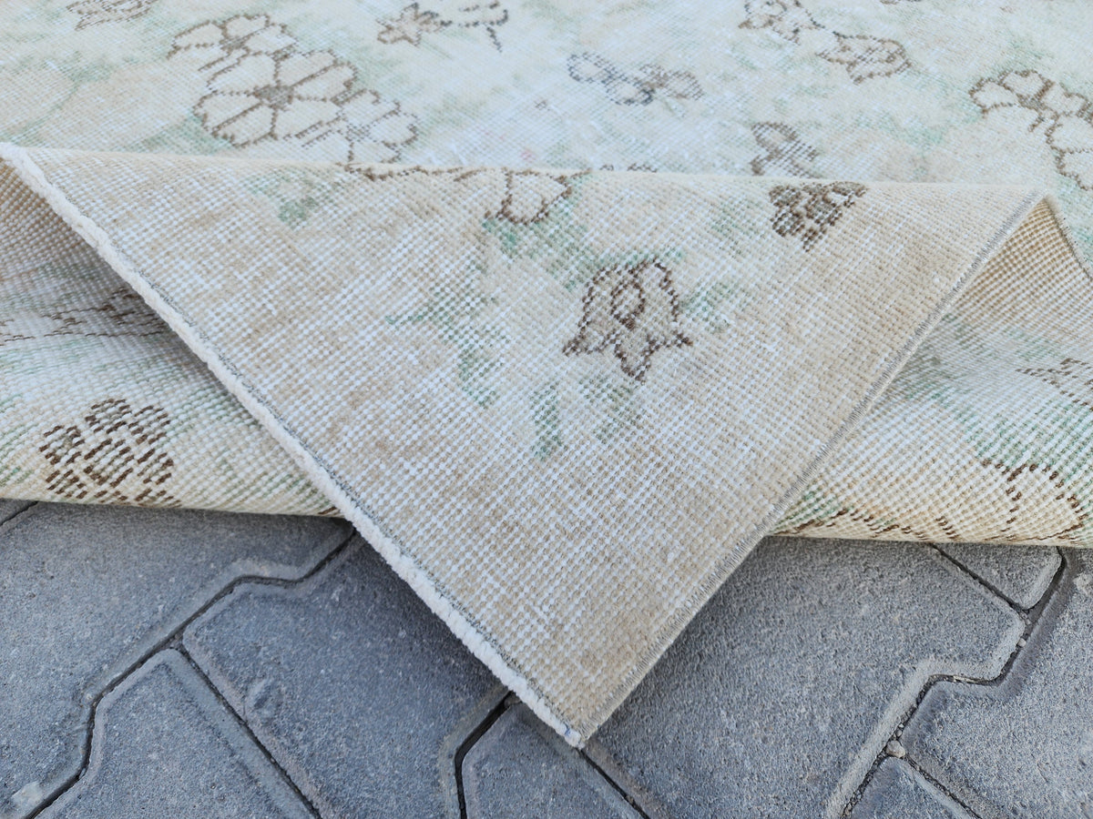 Handwoven Turkish Oushak Rug 4x6: Green Wool & Cotton Vintage Rug