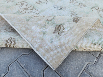 Handwoven Turkish Oushak Rug 4x6: Green Wool & Cotton Vintage Rug