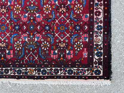 4x9 Oriental Runner Rug: Handwoven Red Wool Hallway with Vintage Floral & Geometric Pattern