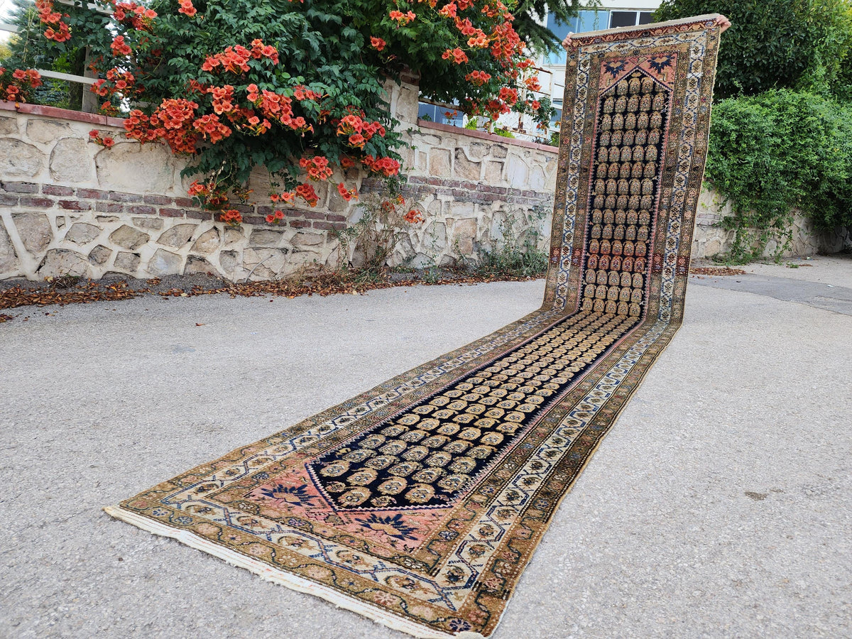 Antique Caucasian Runner Rug 3x17 ft | 100-Year-Old Hand-Knotted Wool Rug | Navy Blue Floral Gallery Runner