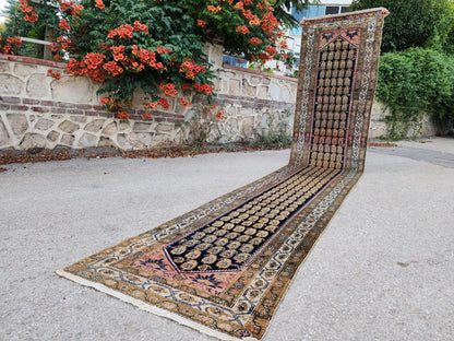 Antique Caucasian Runner Rug 3x17 ft | 100-Year-Old Hand-Knotted Wool Rug | Navy Blue Floral Gallery Runner