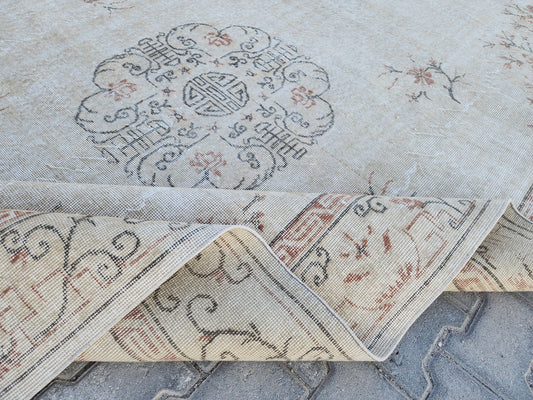 7x10 Beige Oushak Rug: Vintage Medallion Boho Design, Dining Room Decor