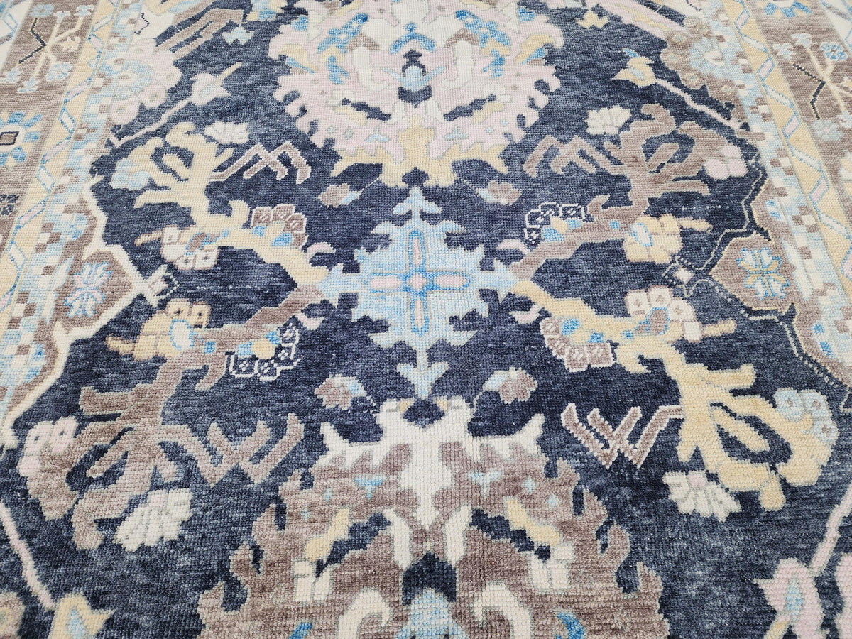 8x11 Navy Blue Oushak Rug: Handwoven Turkish Wool Medallion design, Patina Blue Home Decor