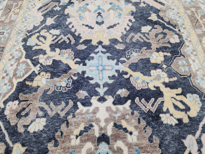 8x11 Navy Blue Oushak Rug: Handwoven Turkish Wool Medallion design, Patina Blue Home Decor
