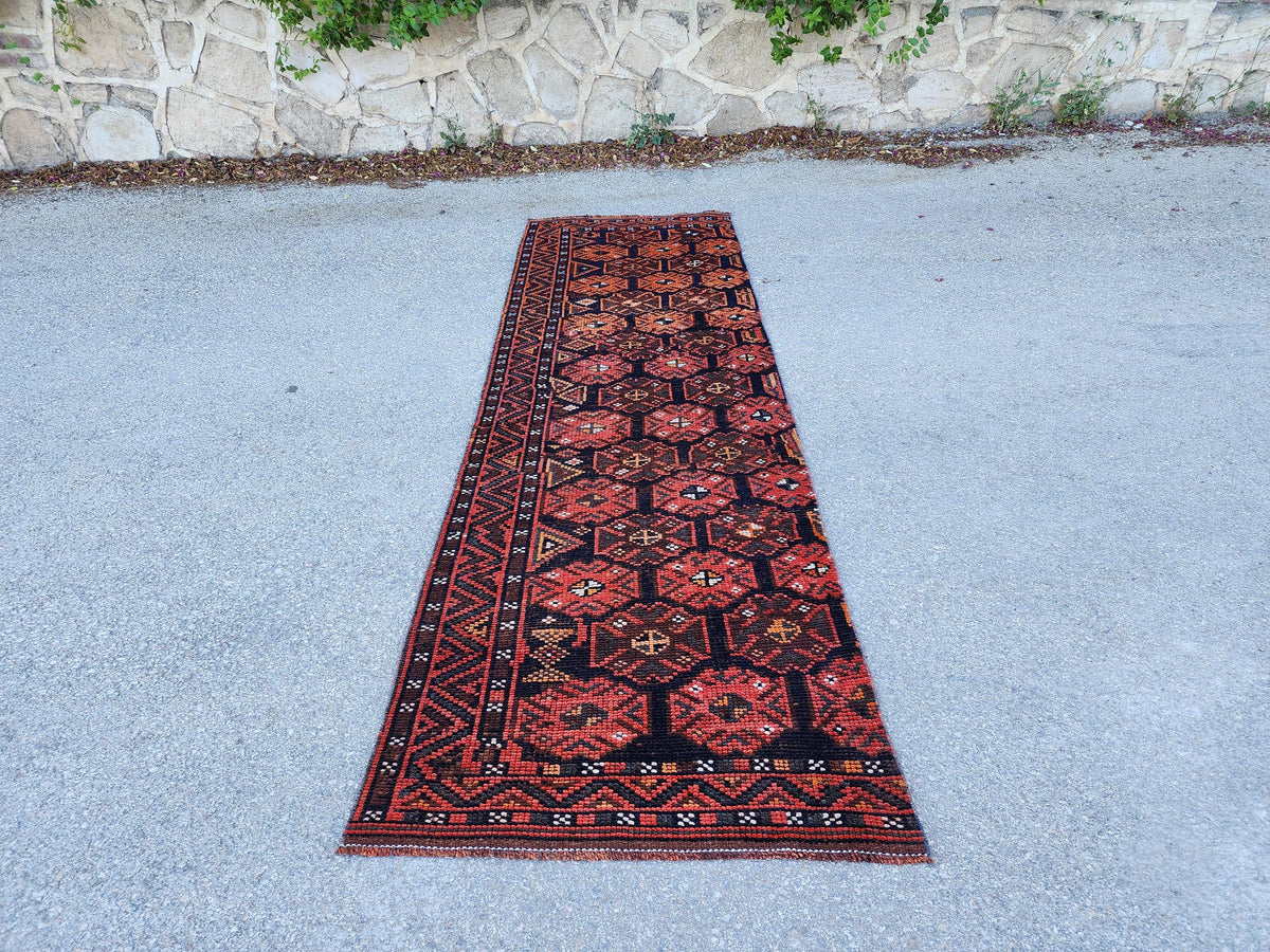 3x9 Boho Herki Runner Rug, Kitchen Decor, Living Room Decor, Hand Made Wool, Kitchen Decor