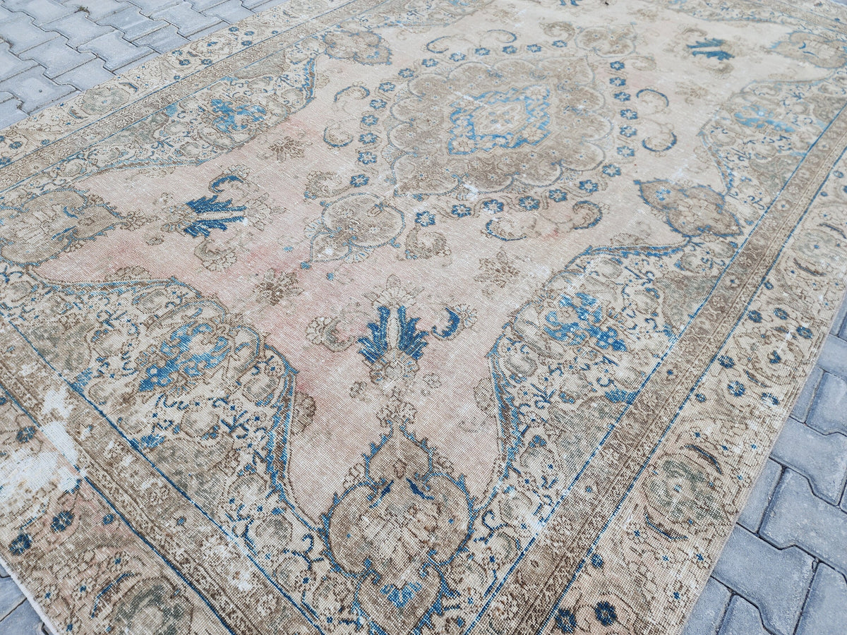 6x10 Turkish Area Rug, Beige and Blue Color, Dining Room Wool Hand Knotted Decor