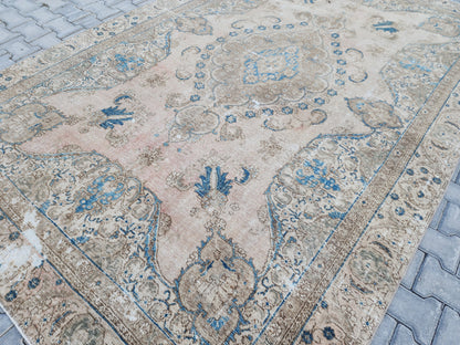 6x10 Turkish Area Rug, Beige and Blue Color, Dining Room Wool Hand Knotted Decor