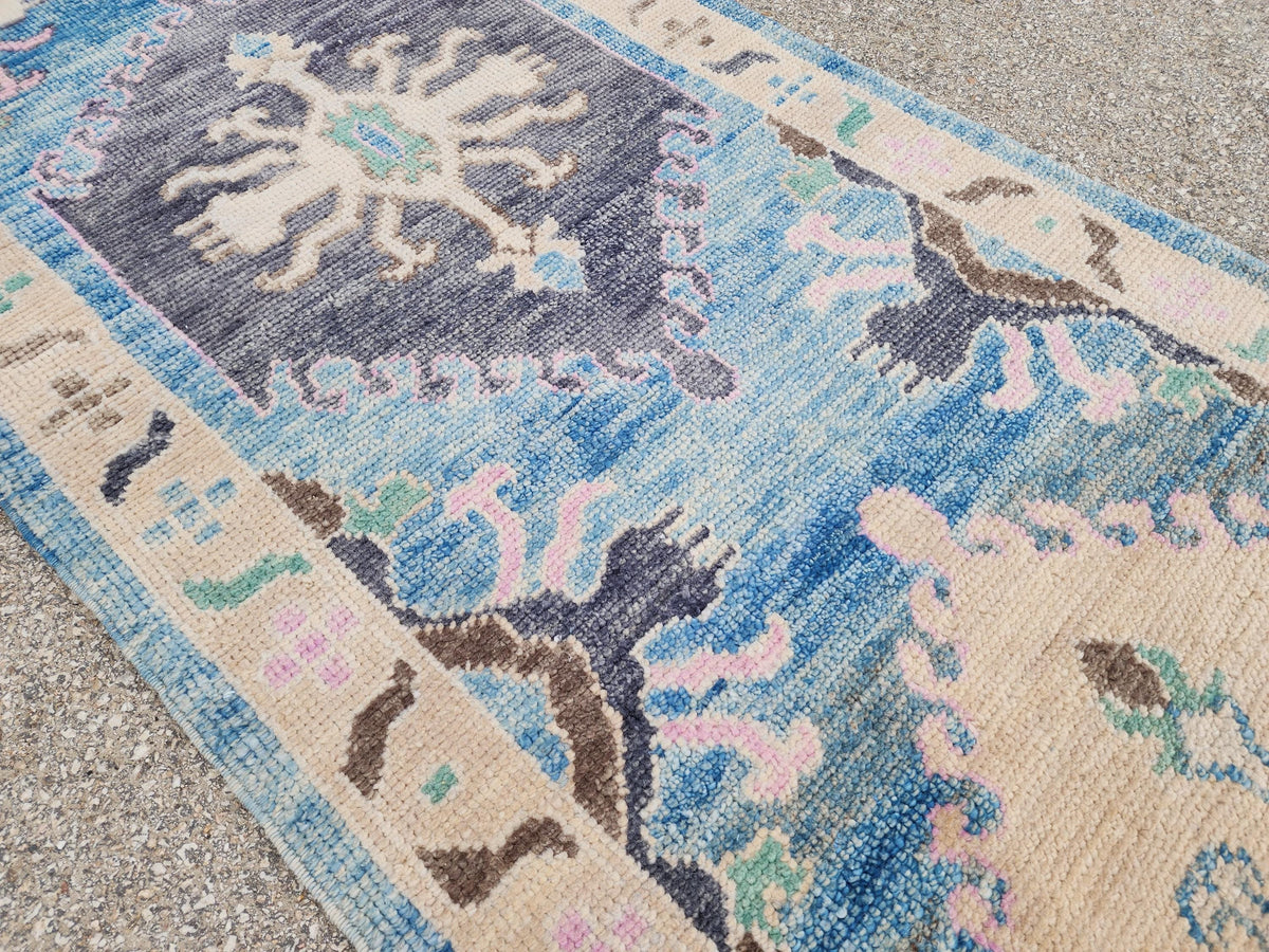 3x13 Oushak Runner Rug, Soft Blue Wool Turkish Hand Made, Rustic Hallway Decor