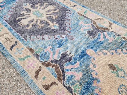 3x13 Oushak Runner Rug, Soft Blue Wool Turkish Hand Made, Rustic Hallway Decor