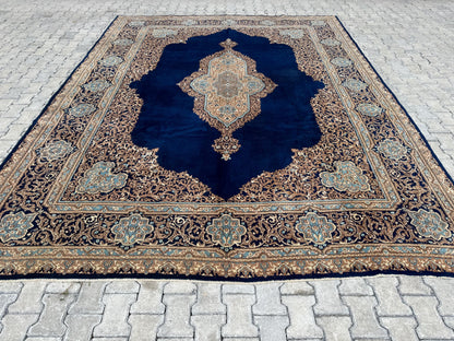 10x13  Vintage Wool Rug, Hand Knotted Turkish Oriental, Neutral Blue Carpet