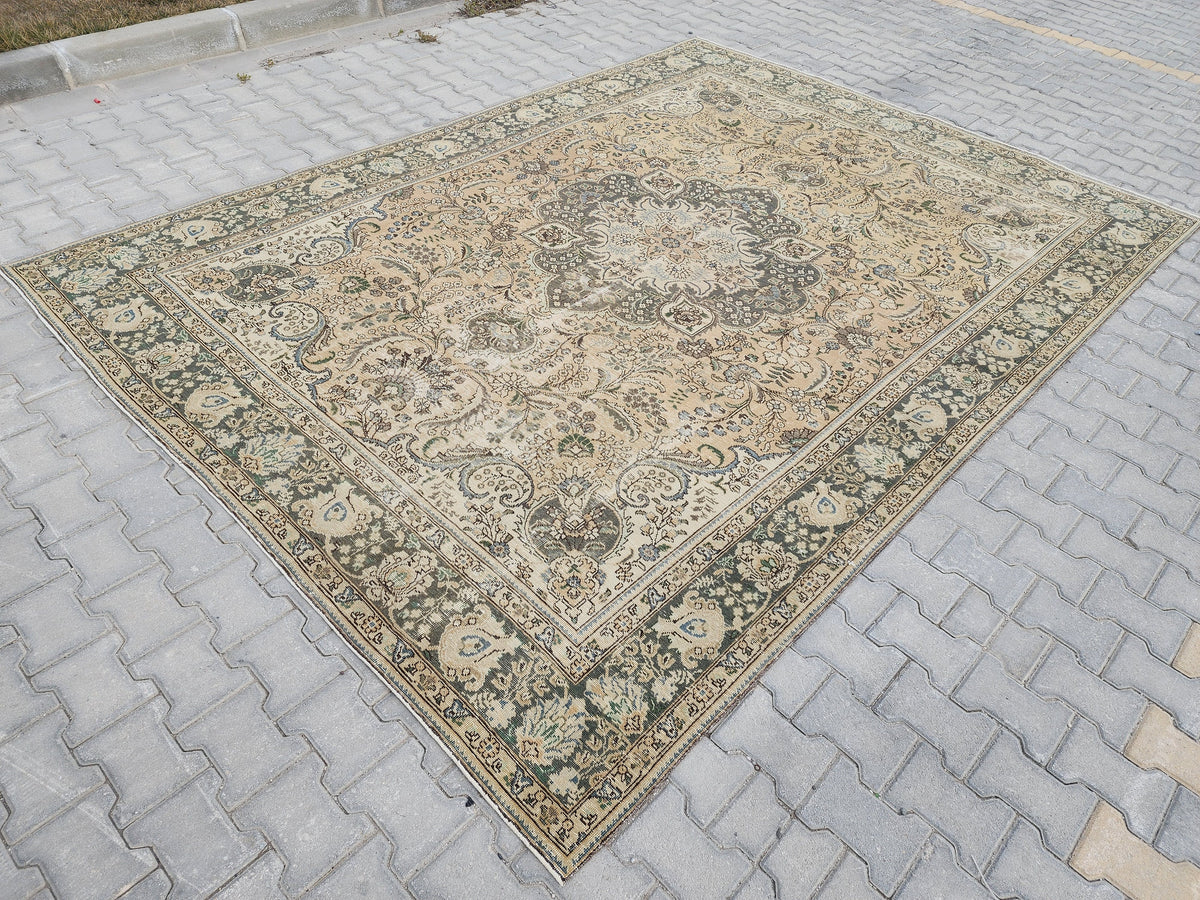 Hand Knotted Oushak Turkish Rug: 8x11 Vintage Wool Area Rug