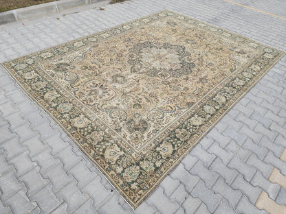 Hand Knotted Oushak Turkish Rug: 8x11 Vintage Wool Area Rug